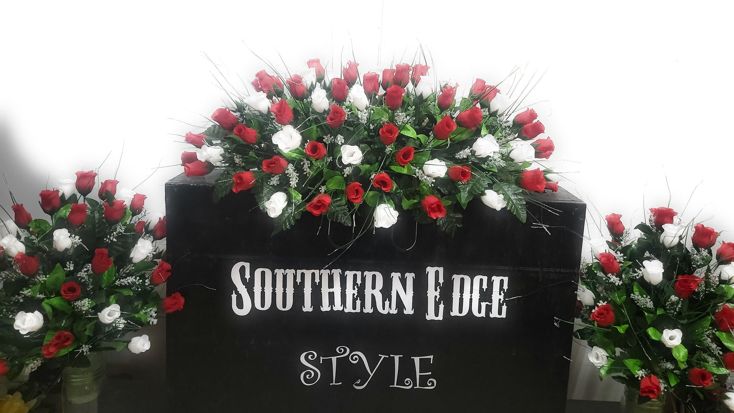 3 Piece Matching Set for Large Headstone Red White roses Cemetery Flowers Large Saddle Matching vases Father Day Mother Day Funeral flowers