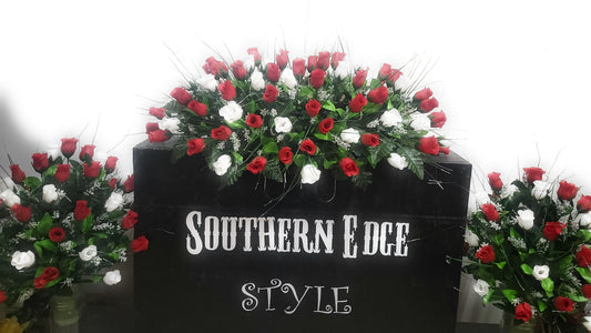 3 Piece Matching Set for Large Headstone Red White roses Cemetery Flowers Large Saddle Matching vases Father Day Mother Day Funeral flowers
