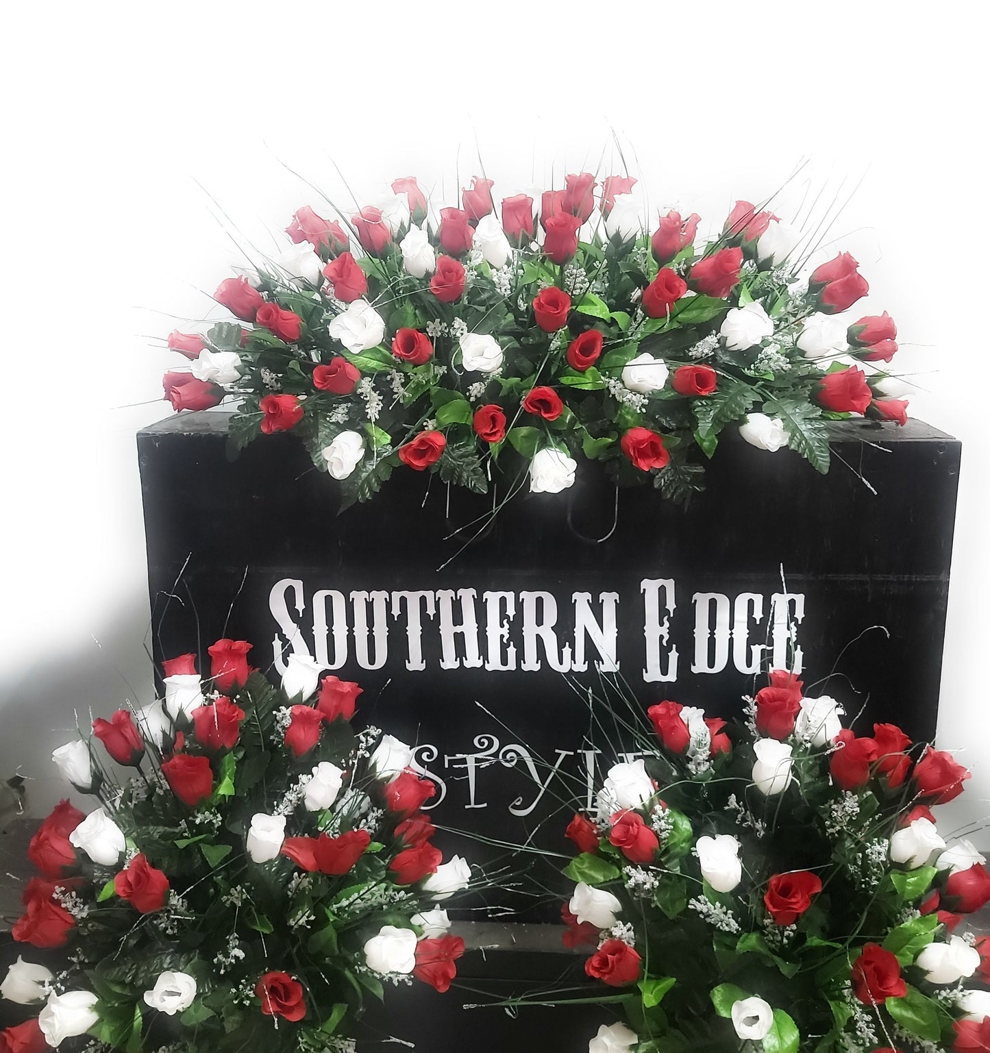 3 Piece Matching Set for Large Headstone Red White roses Cemetery Flowers Large Saddle Matching vases Father Day Mother Day Funeral flowers