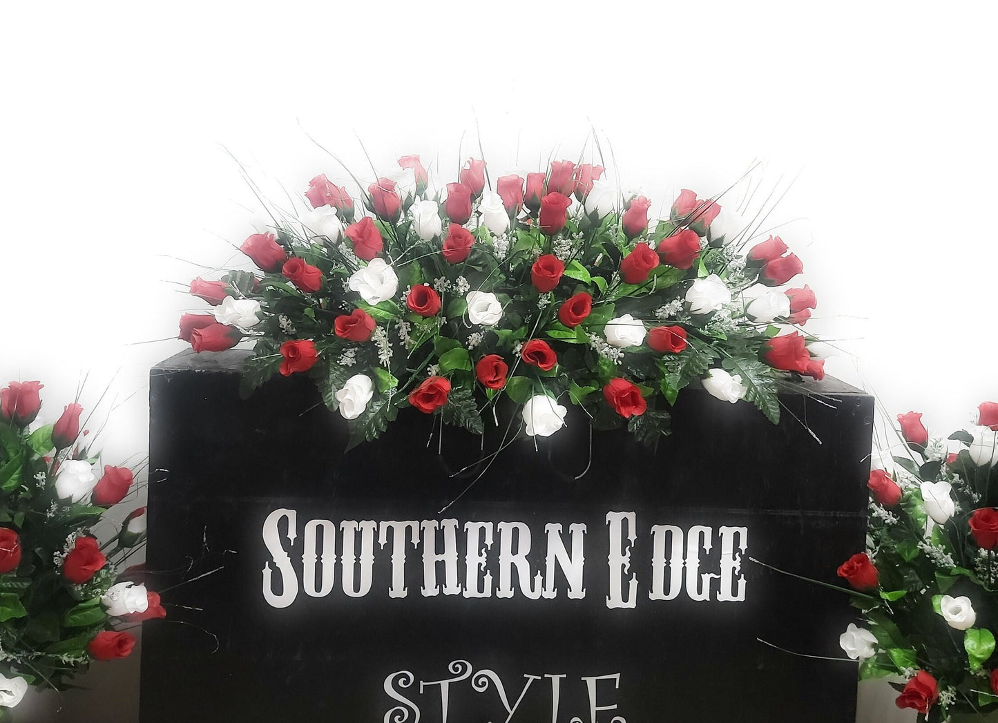 Rose Cemetery Saddle, Red and White Christmas Headstone Saddle Flowers,  Cemetery Gravestone Flowers