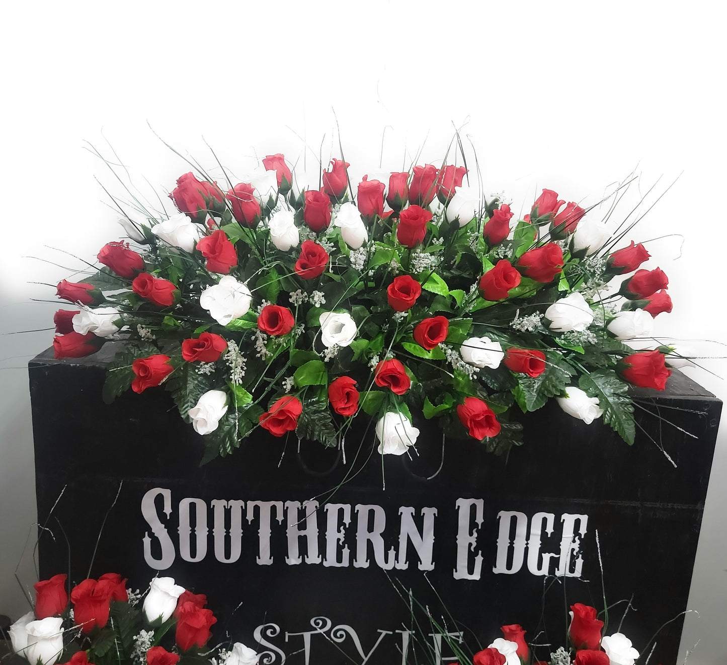 3 Piece Matching Set for Large Headstone Red White roses Cemetery Flowers Large Saddle Matching vases Father Day Mother Day Funeral flowers