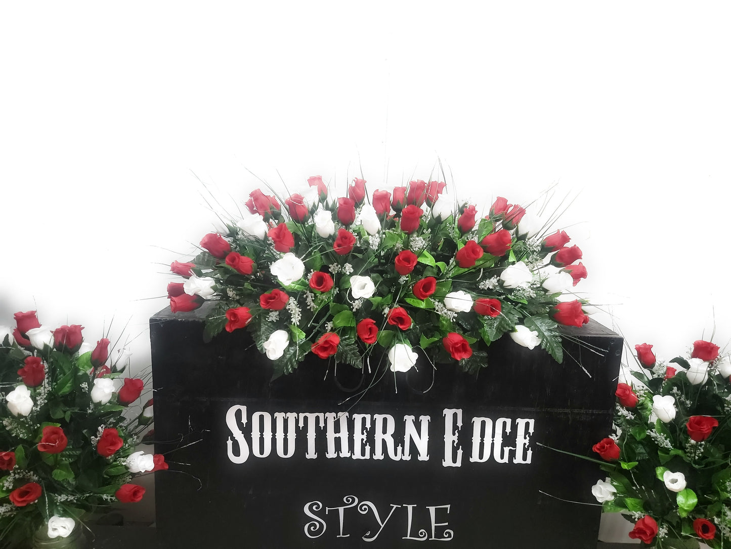 3 Piece Matching Set for Large Headstone Red White roses Cemetery Flowers Large Saddle Matching vases Father Day Mother Day Funeral flowers