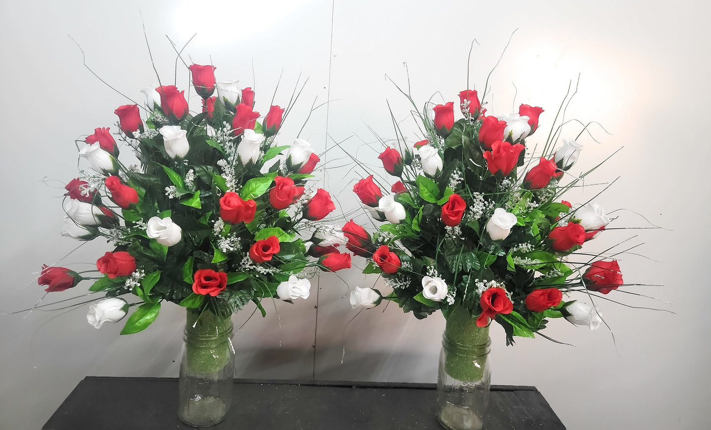3 Piece Matching Set for Large Headstone Red White roses Cemetery Flowers Large Saddle Matching vases Father Day Mother Day Funeral flowers