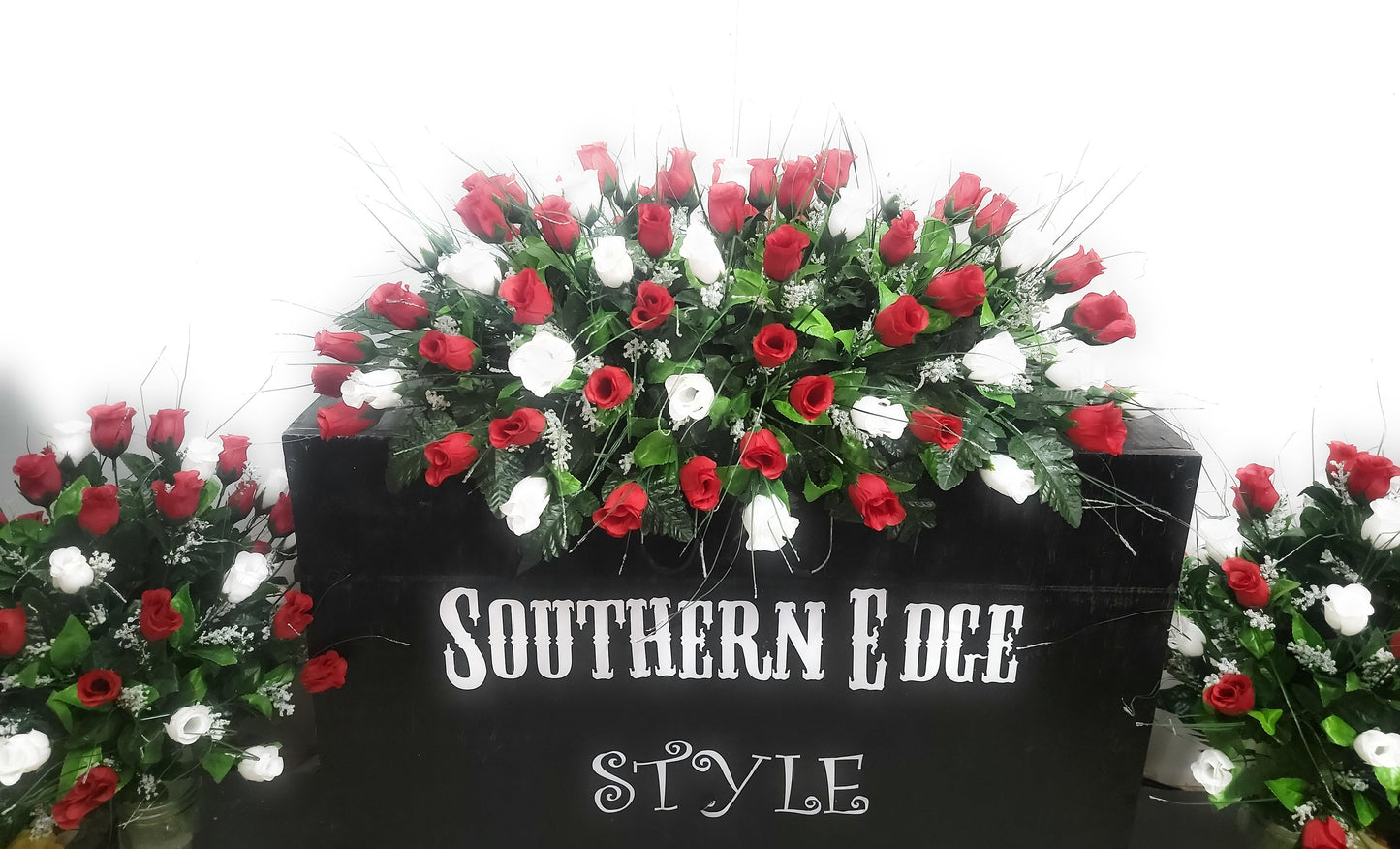 3 Piece Matching Set for Large Headstone Red White roses Cemetery Flowers Large Saddle Matching vases Father Day Mother Day Funeral flowers