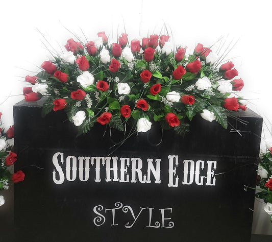 Rose Cemetery Saddle, Red and White Christmas Headstone Saddle Flowers,  Cemetery Gravestone Flowers