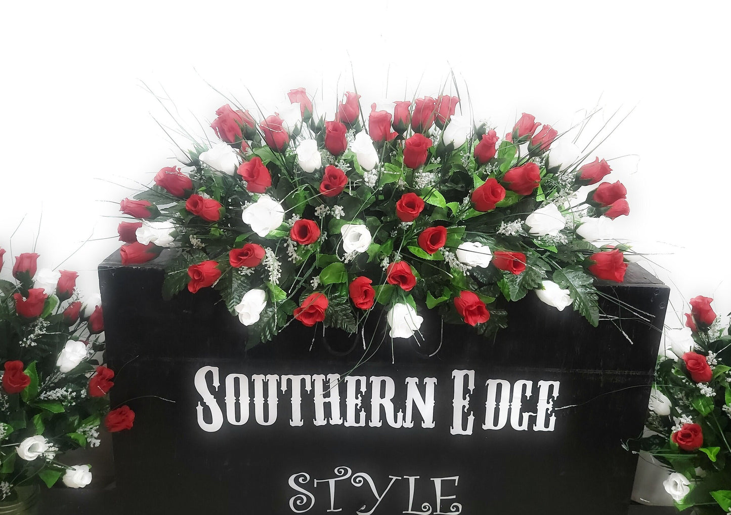 Rose Cemetery Saddle, Red and White Christmas Headstone Saddle Flowers,  Cemetery Gravestone Flowers