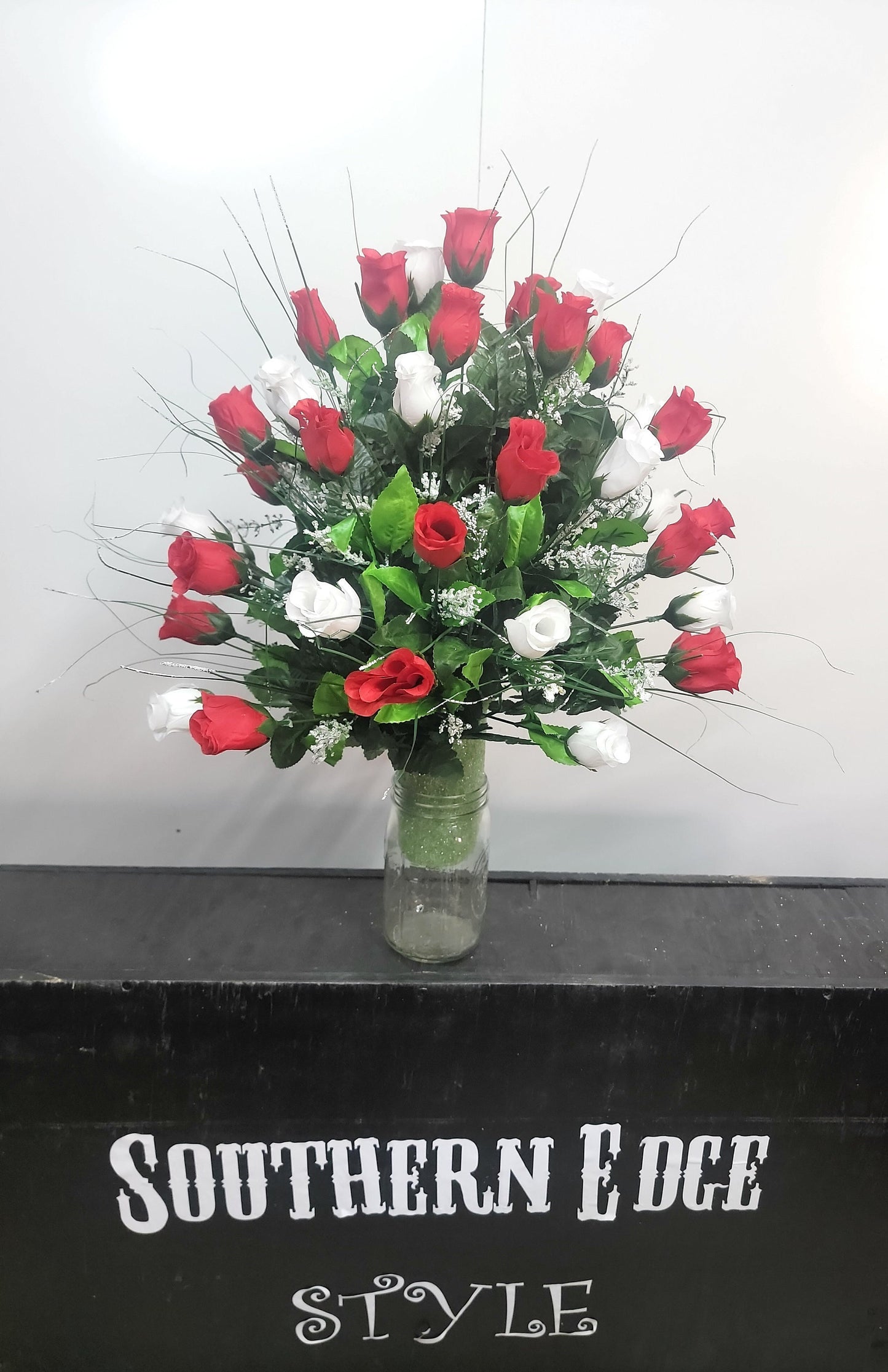 Rose Cemetery Vase Flowers • Red White Roses Valentines Mothers Day Memorial Flowers