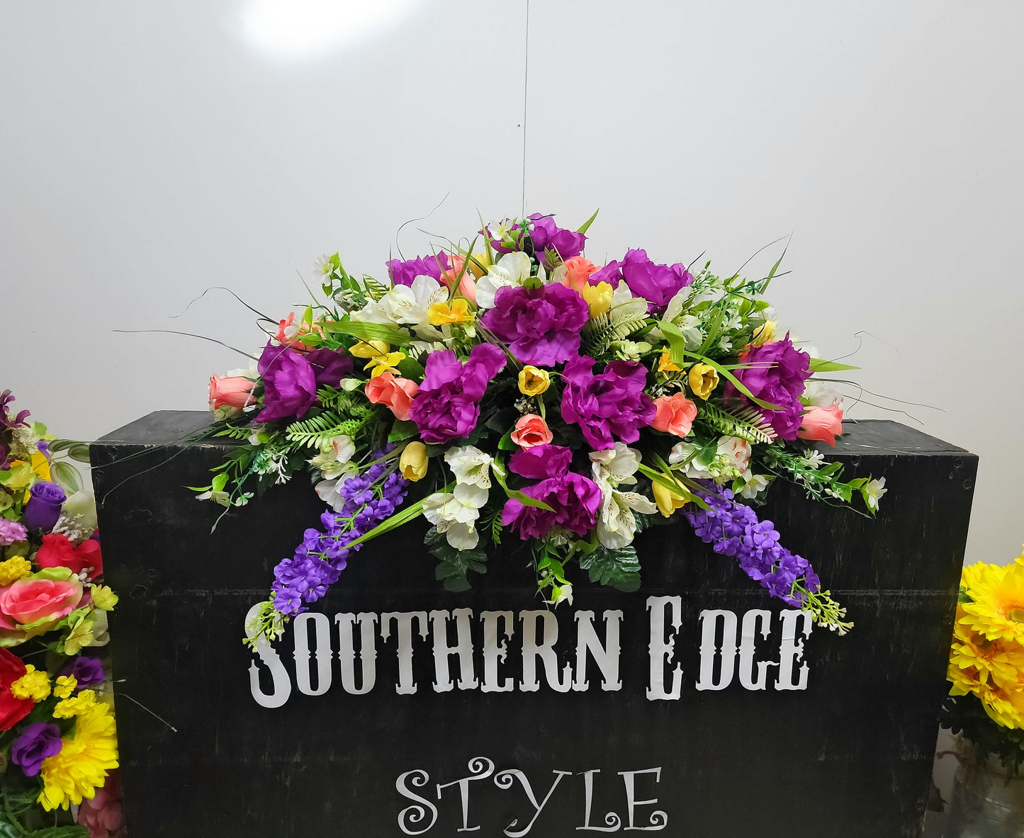 Spring Wildflower Headstone Saddle 28" Cemetery Saddle Yellow mini tulips purple peonies dogwood Saddle or grave pillow Memorial Flower