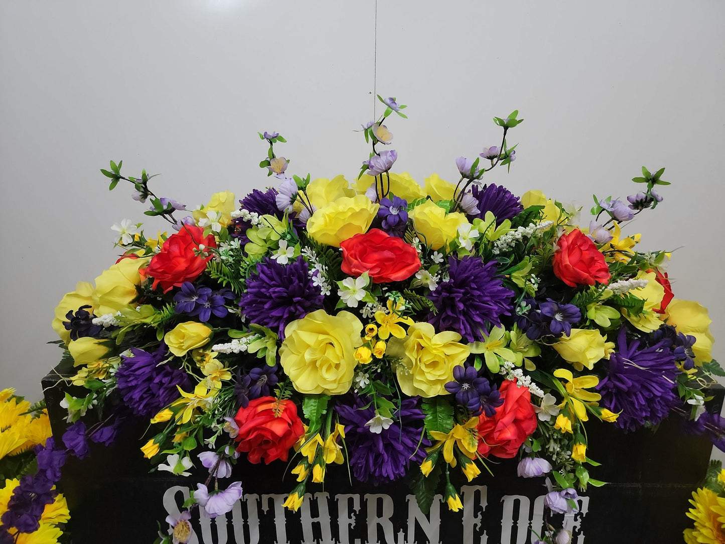 Premium 38" Spring Cemetery Saddle  Gravestone Flowers Beauty Roses Purple Mums Headstone Cemetery Saddle Large Headstone Saddle Flowers