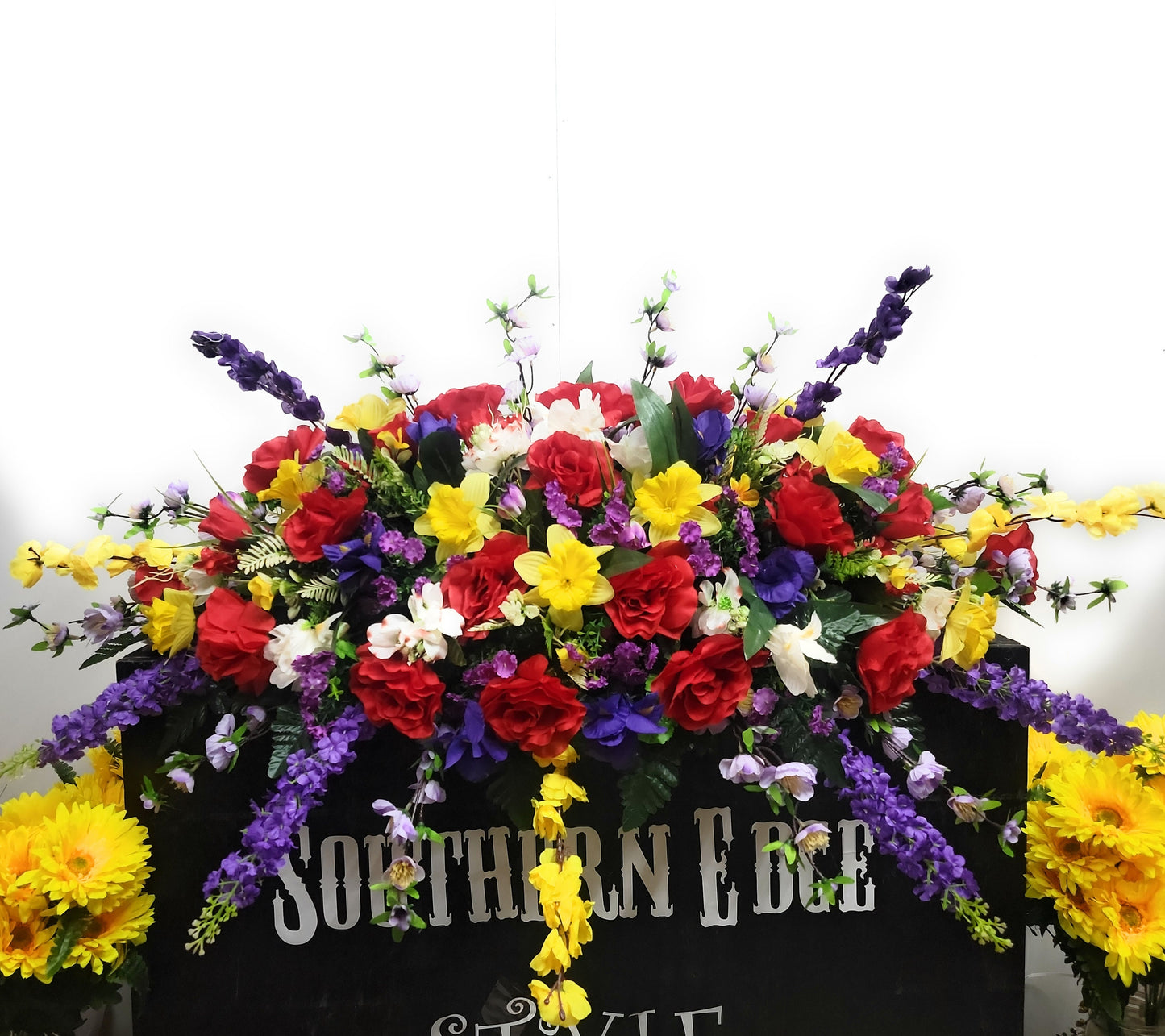 Extra Large Headstone Saddle • 45" Length Cemetery Saddle Spring Cemetery Flowers tulips iris daffodils roses dogwood grave blanket flowers