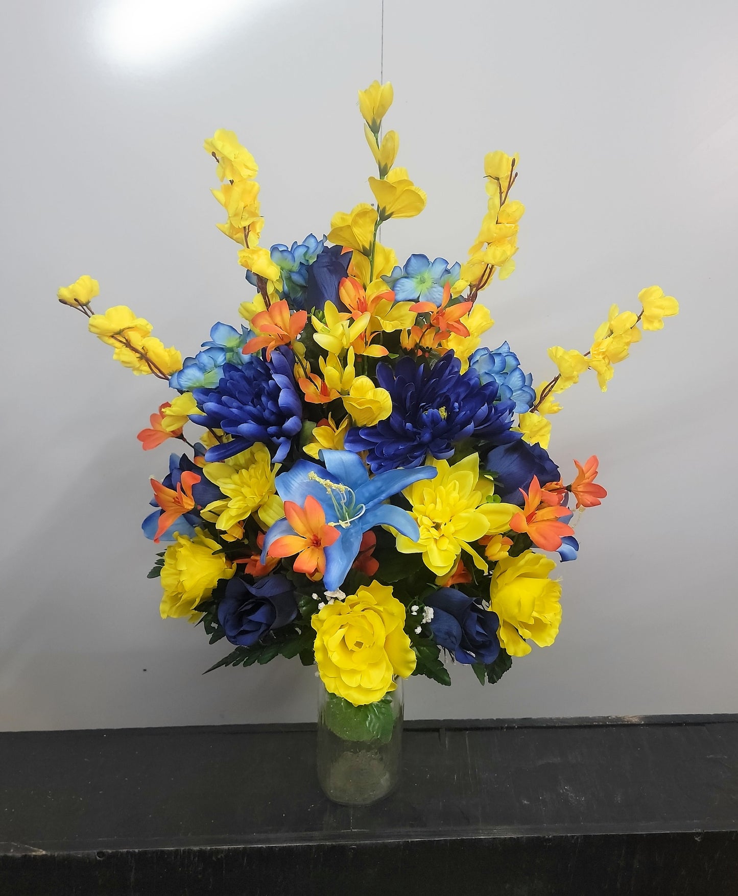 27" Tall Cemetery Vase Flowers  Blue yellow Vase Cemetery Flower Vase Cone Flowers for a 3” wide Grave Vase Man Colors Father Son Memorial