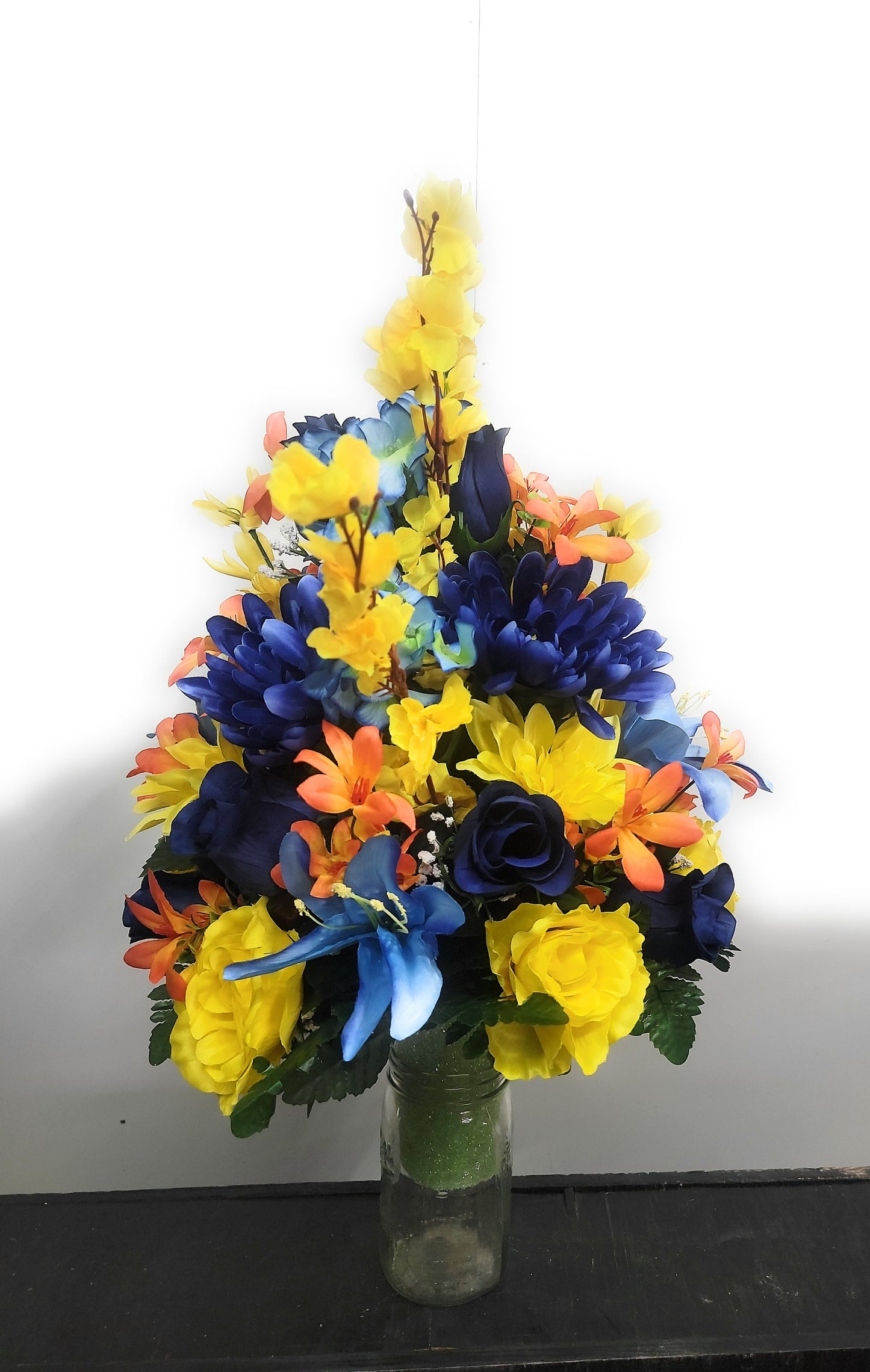 27" Tall Cemetery Vase Flowers  Blue yellow Vase Cemetery Flower Vase Cone Flowers for a 3” wide Grave Vase Man Colors Father Son Memorial