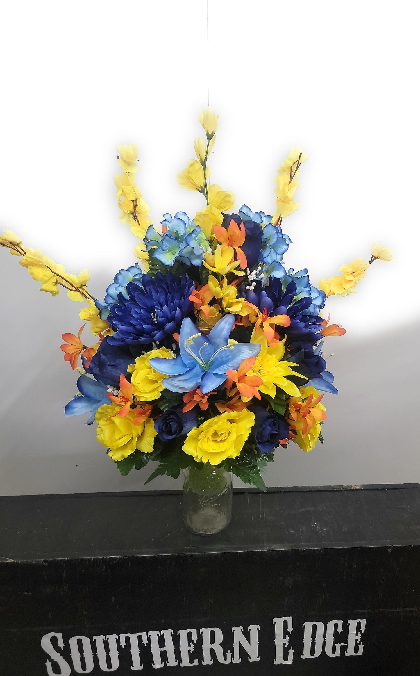 27" Tall Cemetery Vase Flowers  Blue yellow Vase Cemetery Flower Vase Cone Flowers for a 3” wide Grave Vase Man Colors Father Son Memorial