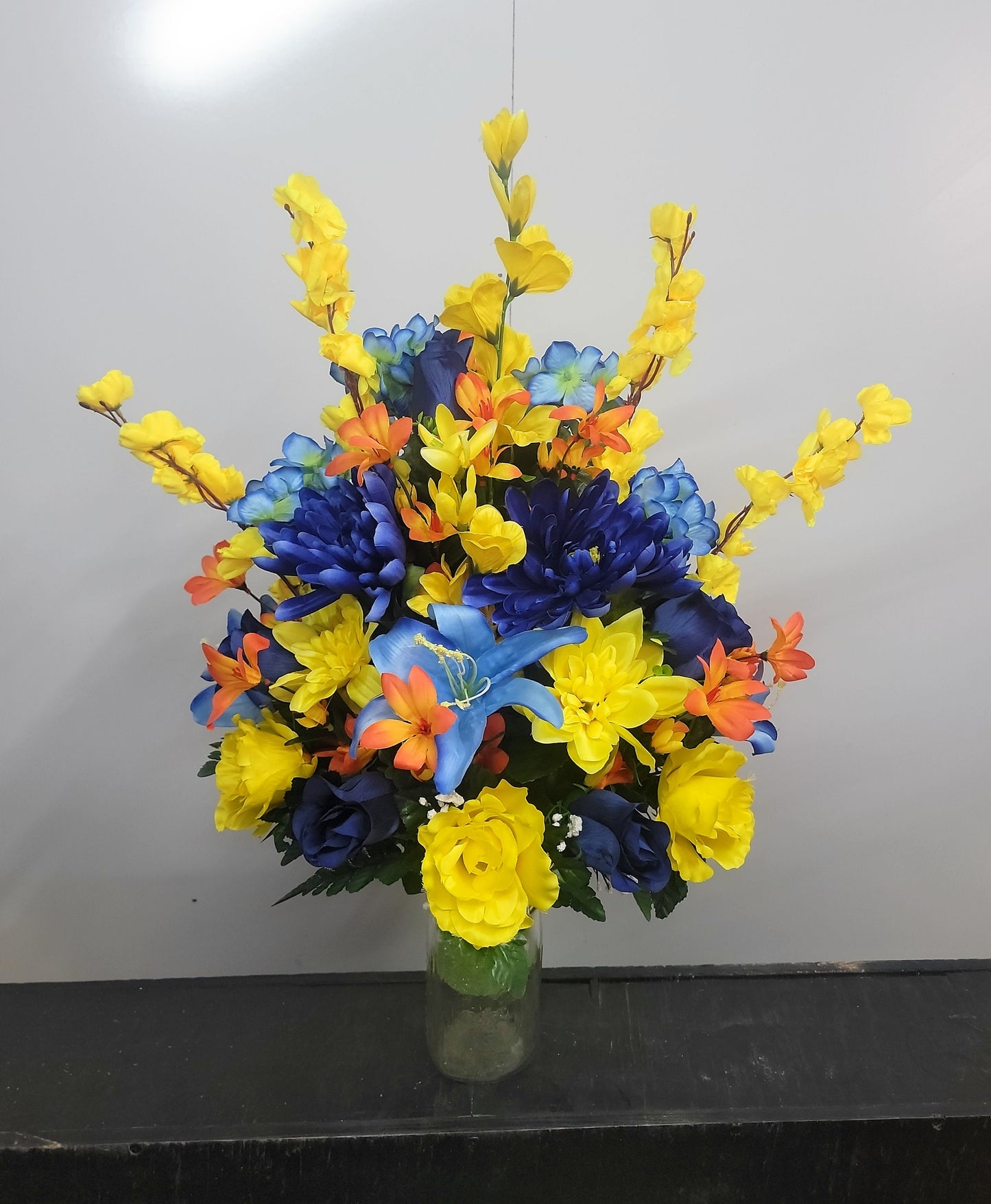 27" Tall Cemetery Vase Flowers  Blue yellow Vase Cemetery Flower Vase Cone Flowers for a 3” wide Grave Vase Man Colors Father Son Memorial