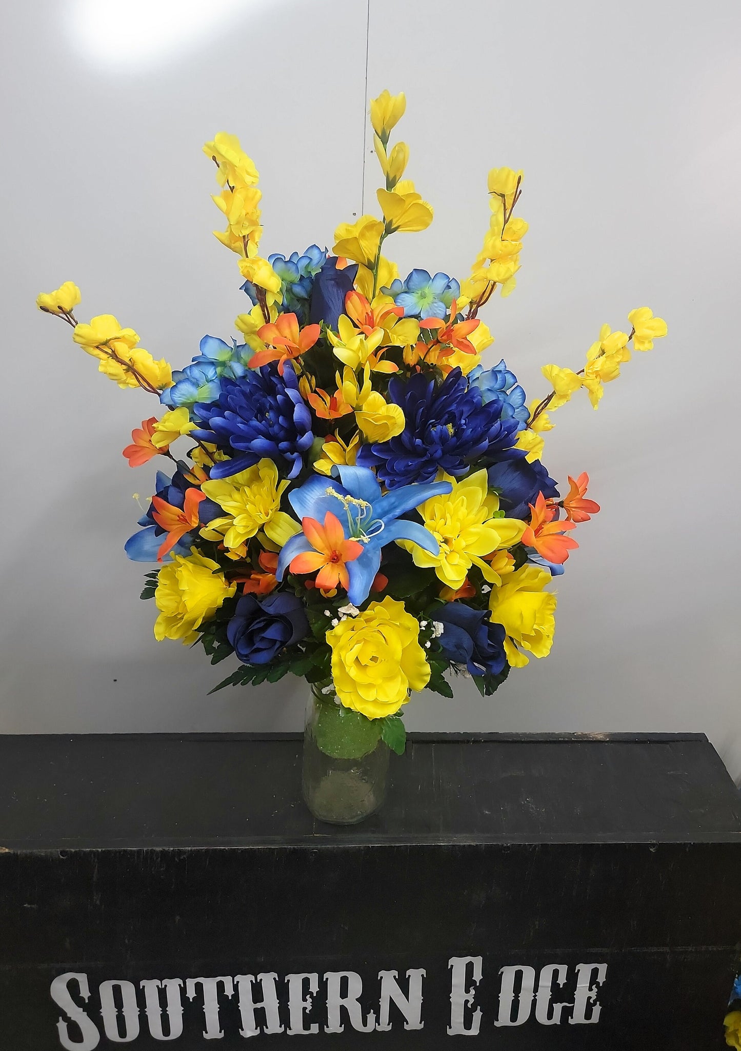 27" Tall Cemetery Vase Flowers  Blue yellow Vase Cemetery Flower Vase Cone Flowers for a 3” wide Grave Vase Man Colors Father Son Memorial