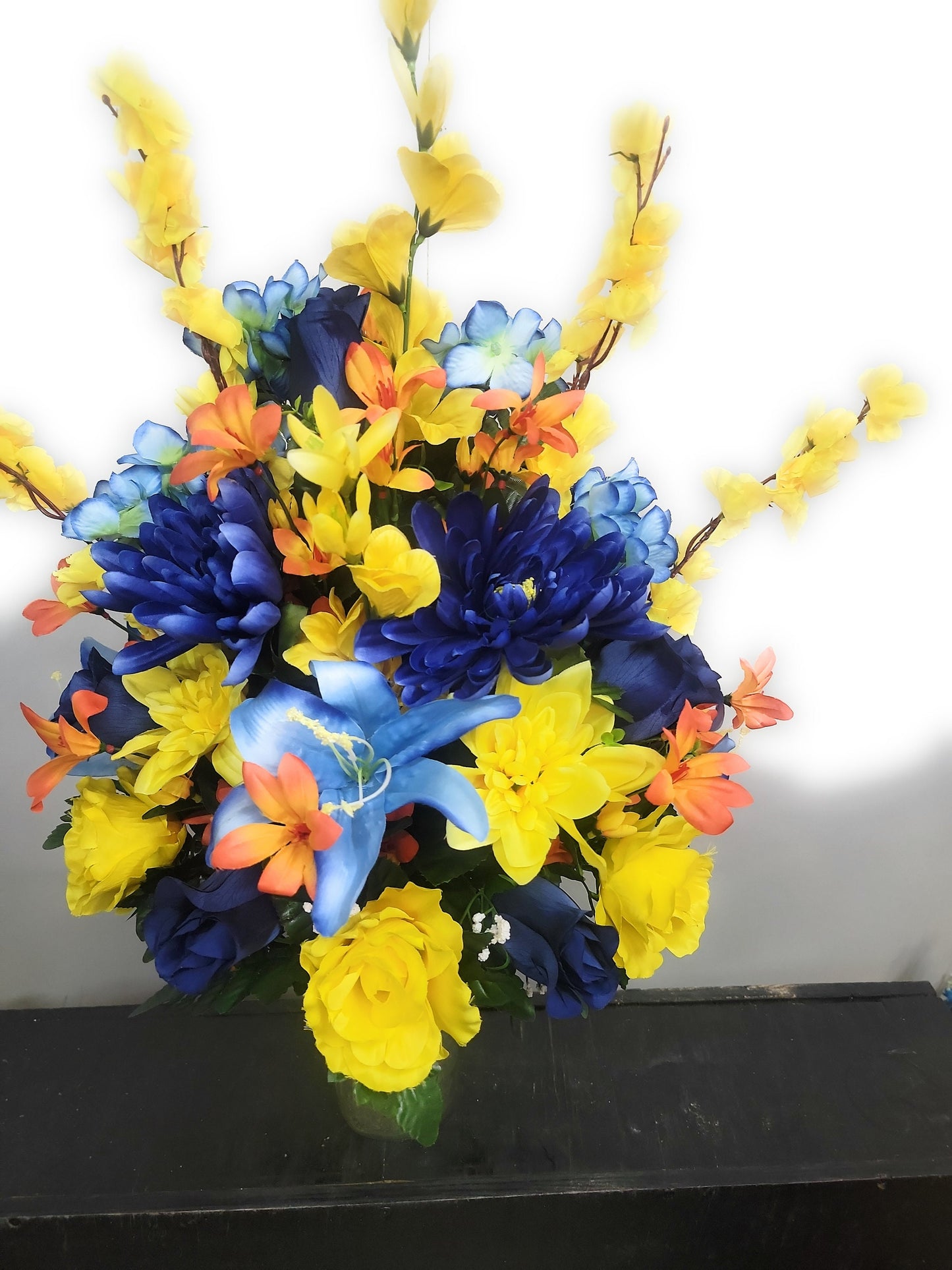 27" Tall Cemetery Vase Flowers  Blue yellow Vase Cemetery Flower Vase Cone Flowers for a 3” wide Grave Vase Man Colors Father Son Memorial