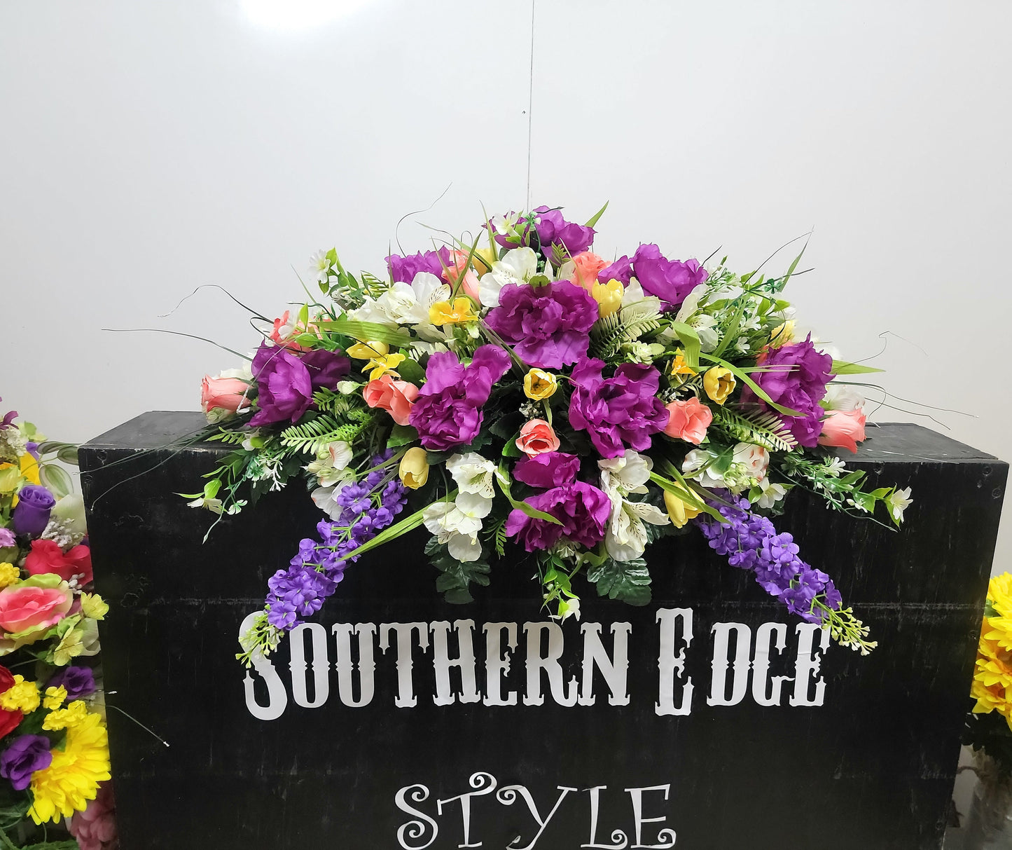 Spring Wildflower Headstone Saddle 28" Cemetery Saddle Yellow mini tulips purple peonies dogwood Saddle or grave pillow Memorial Flower