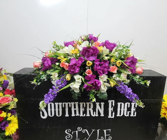 Spring Wildflower Headstone Saddle 28" Cemetery Saddle Yellow mini tulips purple peonies dogwood Saddle or grave pillow Memorial Flower