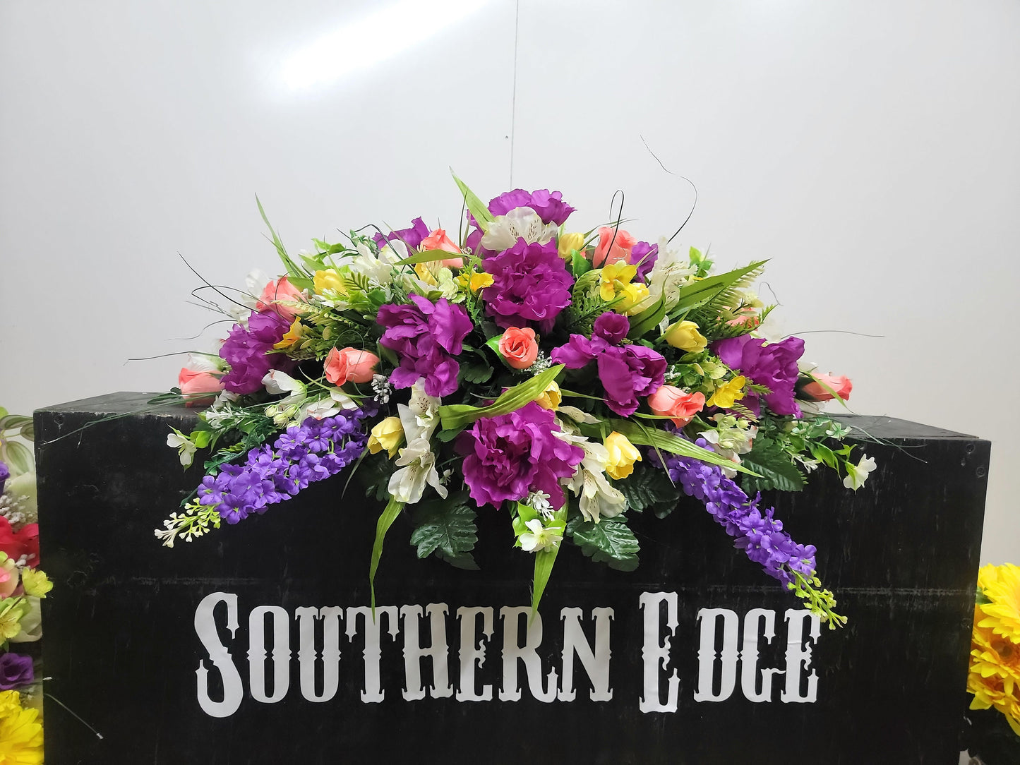 Spring Wildflower Headstone Saddle 28" Cemetery Saddle Yellow mini tulips purple peonies dogwood Saddle or grave pillow Memorial Flower