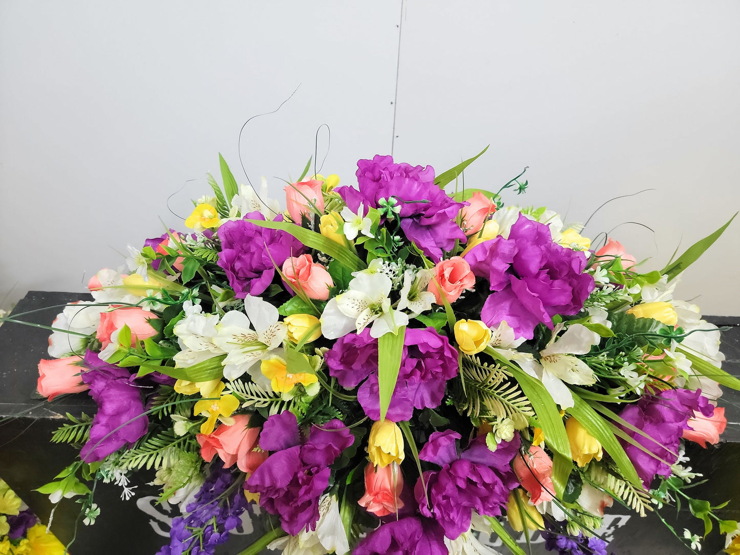 Spring Wildflower Headstone Saddle 28" Cemetery Saddle Yellow mini tulips purple peonies dogwood Saddle or grave pillow Memorial Flower