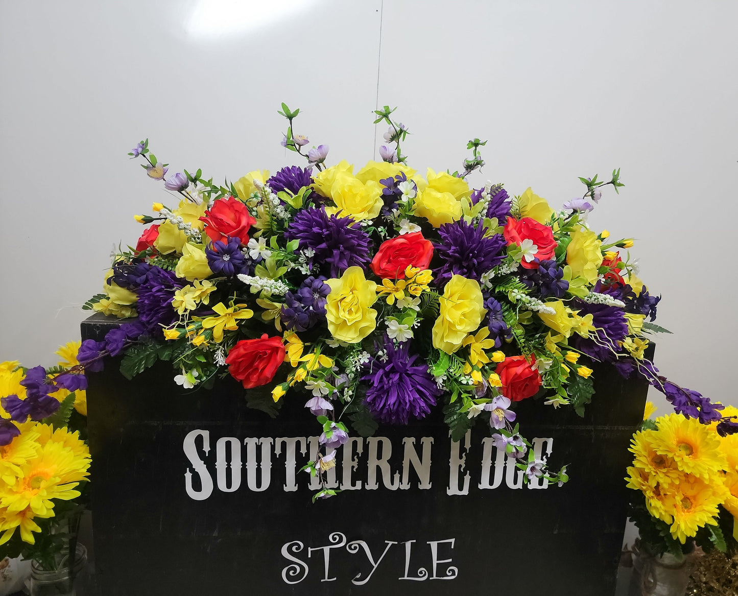 Premium 38" Spring Cemetery Saddle  Gravestone Flowers Beauty Roses Purple Mums Headstone Cemetery Saddle Large Headstone Saddle Flowers