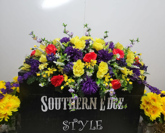 Premium 38" Spring Cemetery Saddle  Gravestone Flowers Beauty Roses Purple Mums Headstone Cemetery Saddle Large Headstone Saddle Flowers