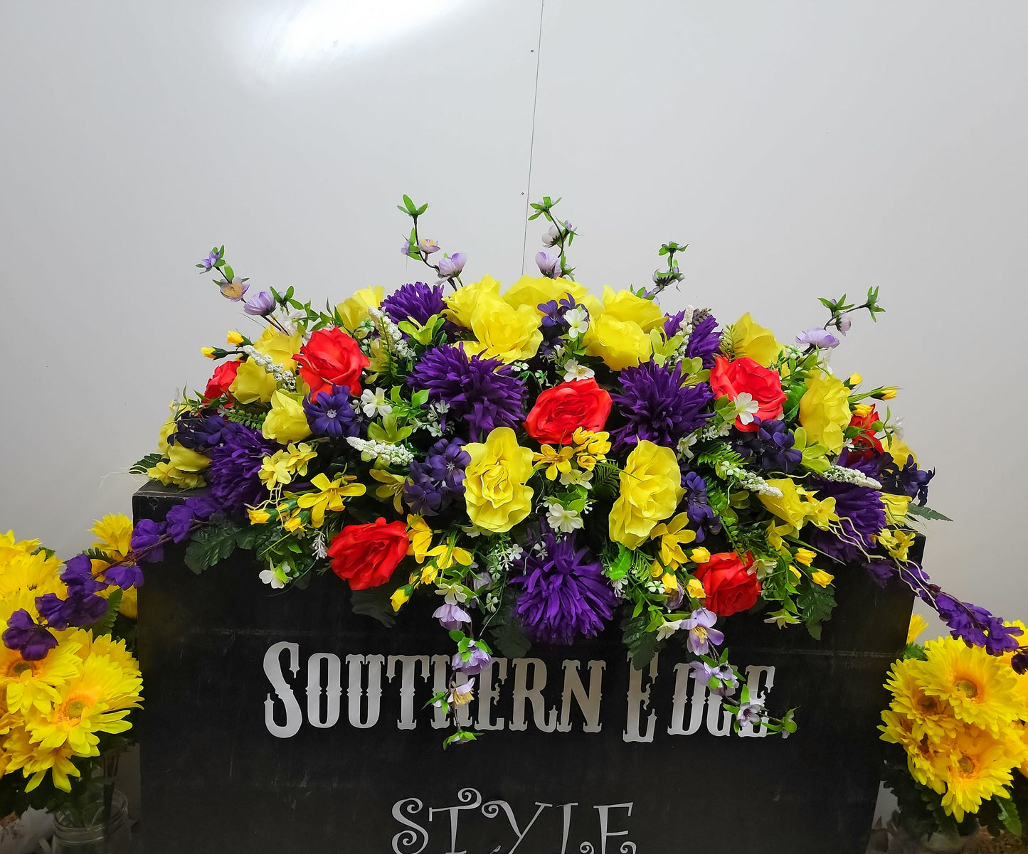 Premium 38" Spring Cemetery Saddle  Gravestone Flowers Beauty Roses Purple Mums Headstone Cemetery Saddle Large Headstone Saddle Flowers