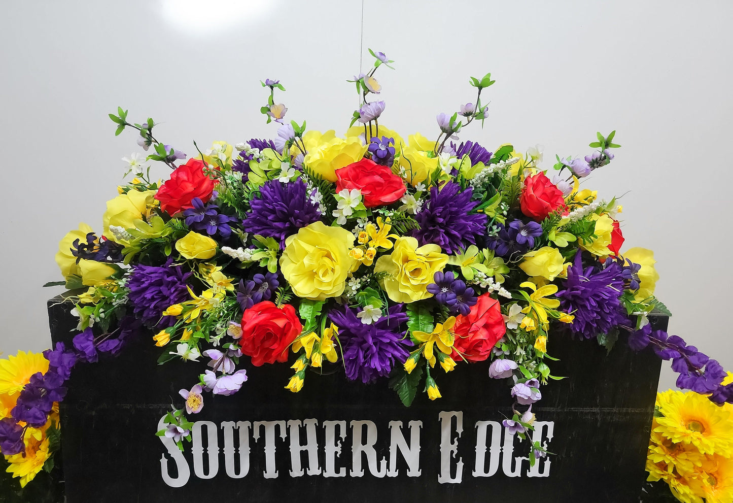 Premium 38" Spring Cemetery Saddle  Gravestone Flowers Beauty Roses Purple Mums Headstone Cemetery Saddle Large Headstone Saddle Flowers