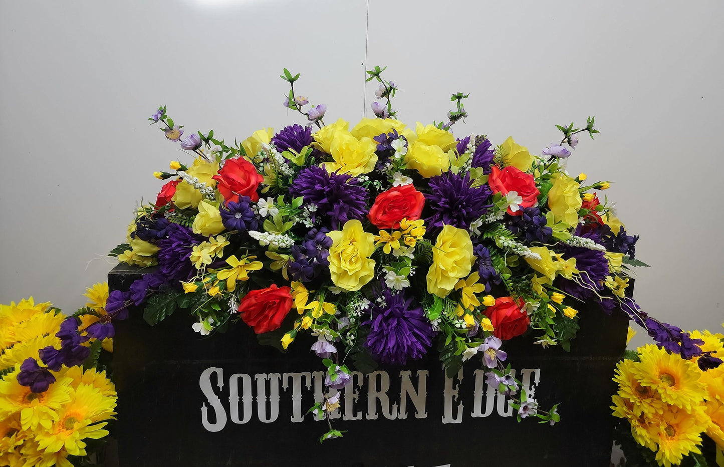 Premium 38" Spring Cemetery Saddle  Gravestone Flowers Beauty Roses Purple Mums Headstone Cemetery Saddle Large Headstone Saddle Flowers