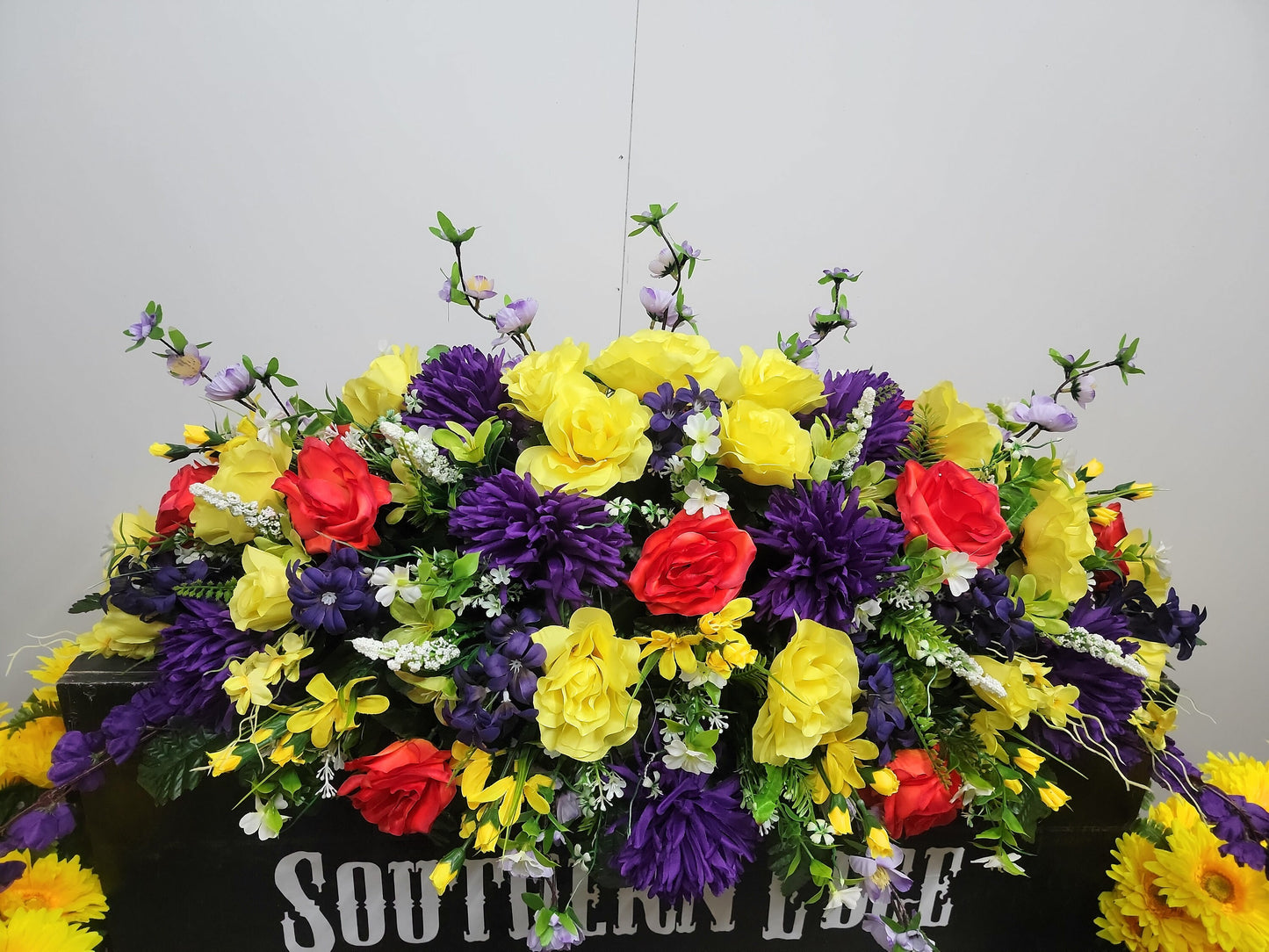 Premium 38" Spring Cemetery Saddle  Gravestone Flowers Beauty Roses Purple Mums Headstone Cemetery Saddle Large Headstone Saddle Flowers