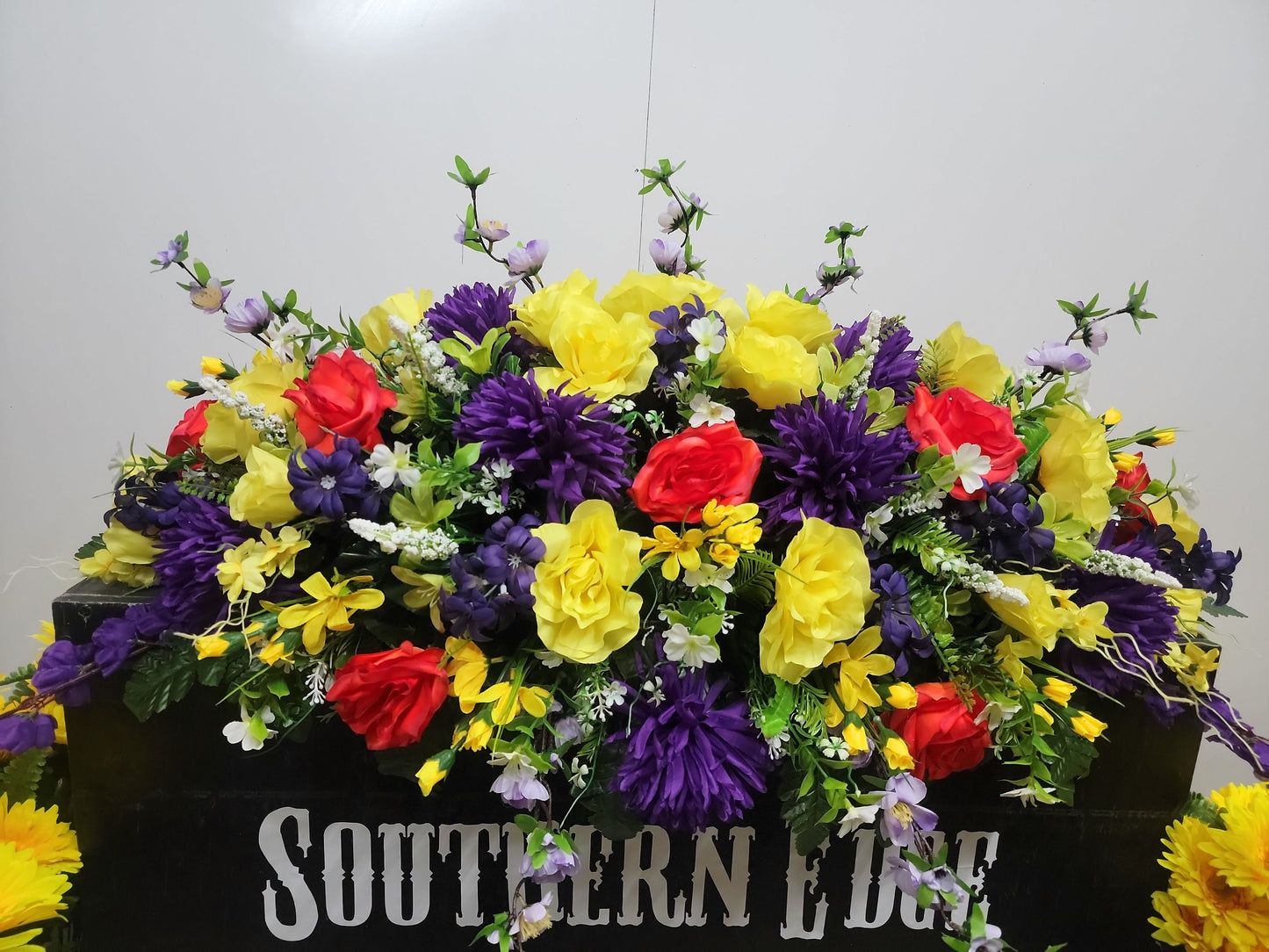 Premium 38" Spring Cemetery Saddle  Gravestone Flowers Beauty Roses Purple Mums Headstone Cemetery Saddle Large Headstone Saddle Flowers