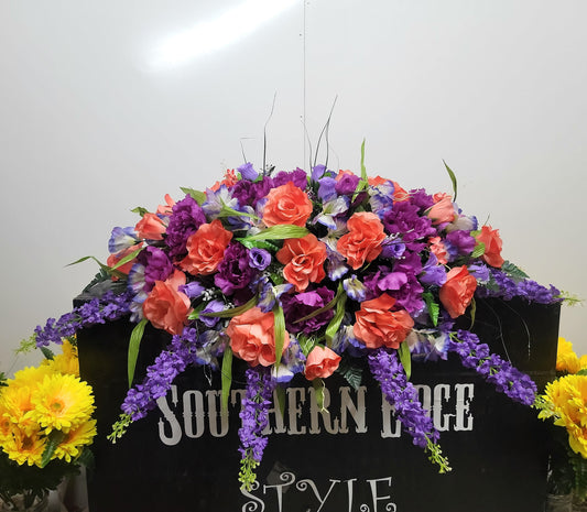 Coral rose Headstone Saddle 36" Cemetery Saddle  purple peonies lavender roses gravestone Saddle Easter Decoration Cemetery Headstone Topper