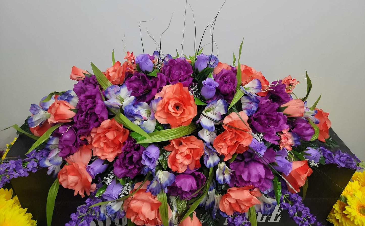 Coral rose Headstone Saddle 36" Cemetery Saddle  purple peonies lavender roses gravestone Saddle Easter Decoration Cemetery Headstone Topper
