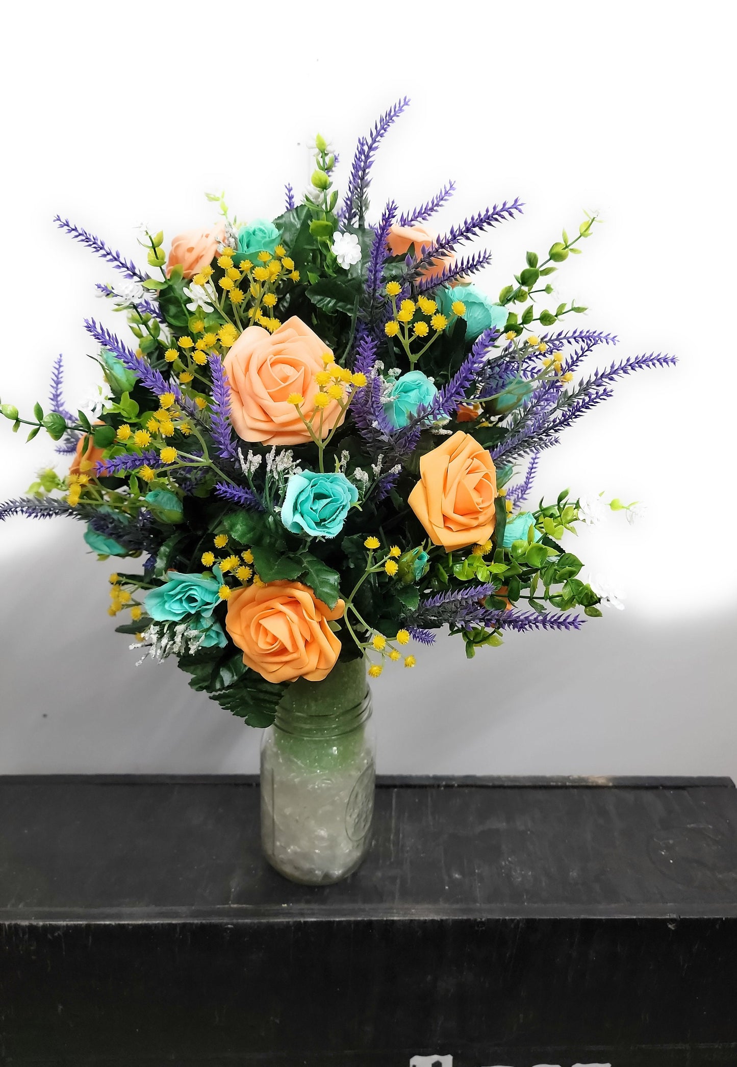 Peach and mint green Vase Flowers for Cemetery,  cone flowers for urn, Cemetery Flowers Vase,  fall Cemetery Vase