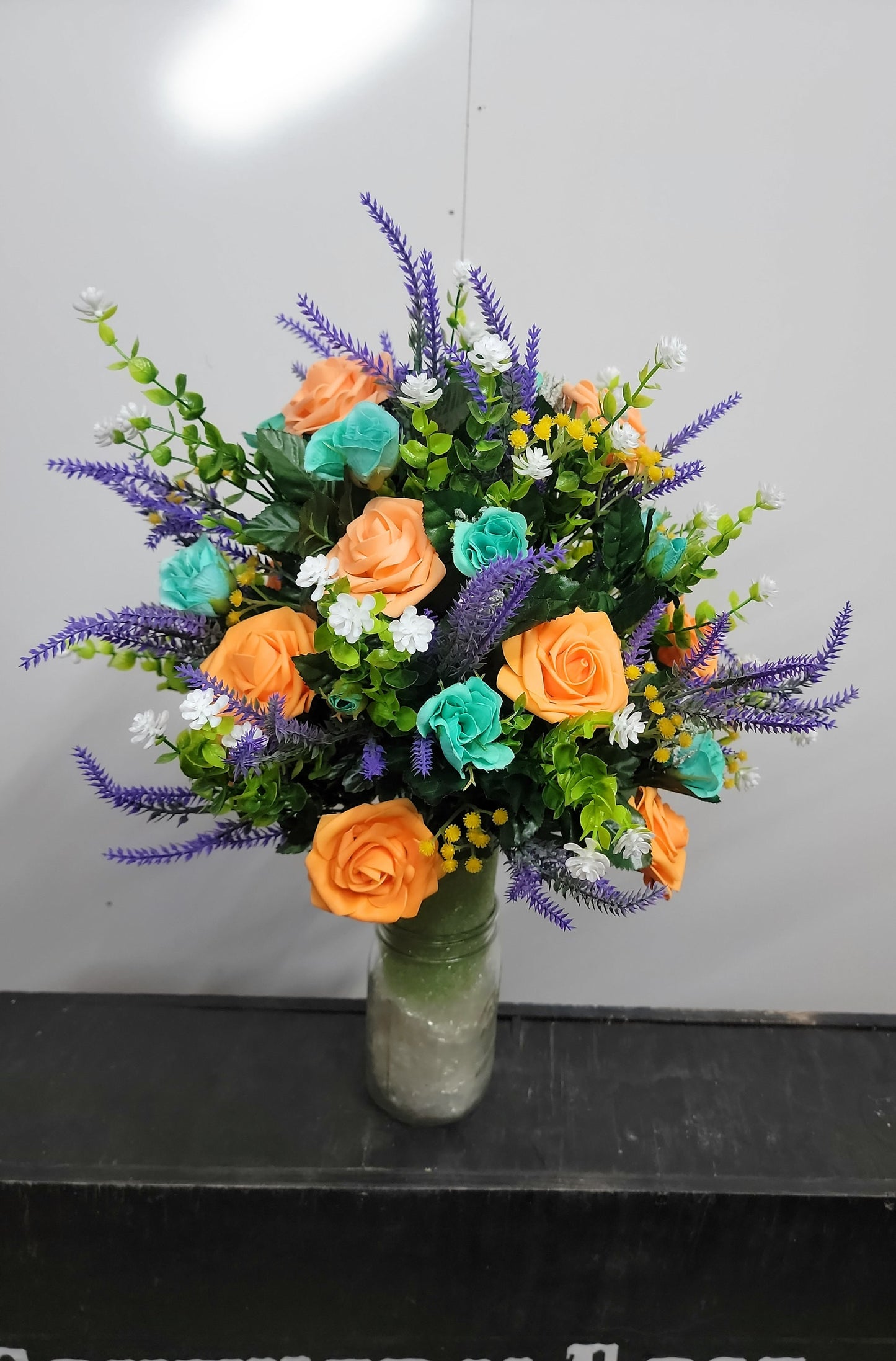 Peach and mint green Vase Flowers for Cemetery,  cone flowers for urn, Cemetery Flowers Vase,  fall Cemetery Vase