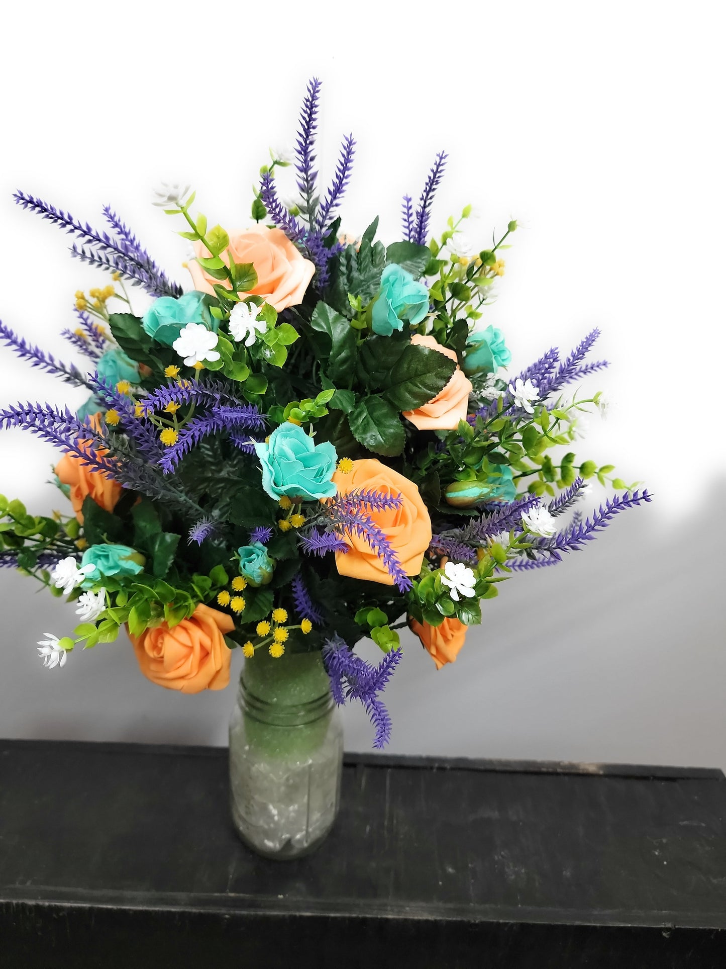 Peach and mint green Vase Flowers for Cemetery,  cone flowers for urn, Cemetery Flowers Vase,  fall Cemetery Vase