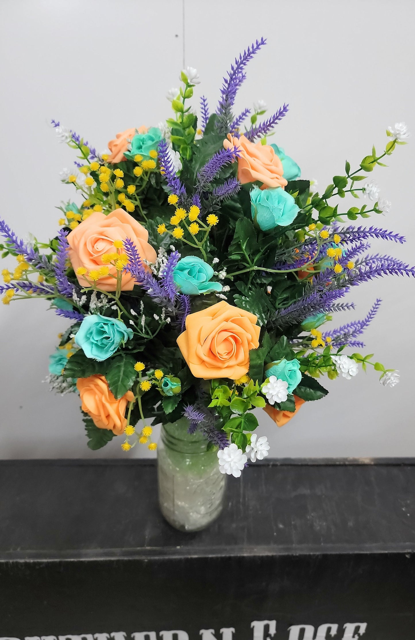 Peach and mint green Vase Flowers for Cemetery,  cone flowers for urn, Cemetery Flowers Vase,  fall Cemetery Vase