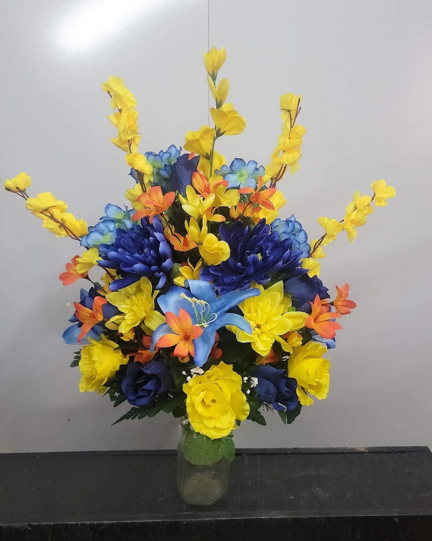 27" Tall Cemetery Vase Flowers  Blue yellow Vase Cemetery Flower Vase Cone Flowers for a 3” wide Grave Vase Man Colors Father Son Memorial