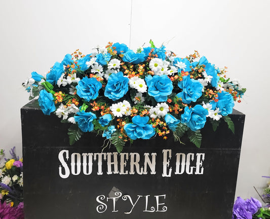 Top Quality Cemetery Flowers Saddle Extra Large 36"  Headstone Saddle Flowers Teal White Orange Casket Spray Grave Blanket Spring Cemetery