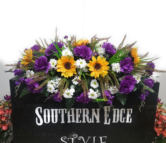 Large 36" Length Gravestone Saddle for Spring Cemetery Flowers Mother's Day Flowers Sunflowers Daisy Purple Memorial Flower Headstone Saddll