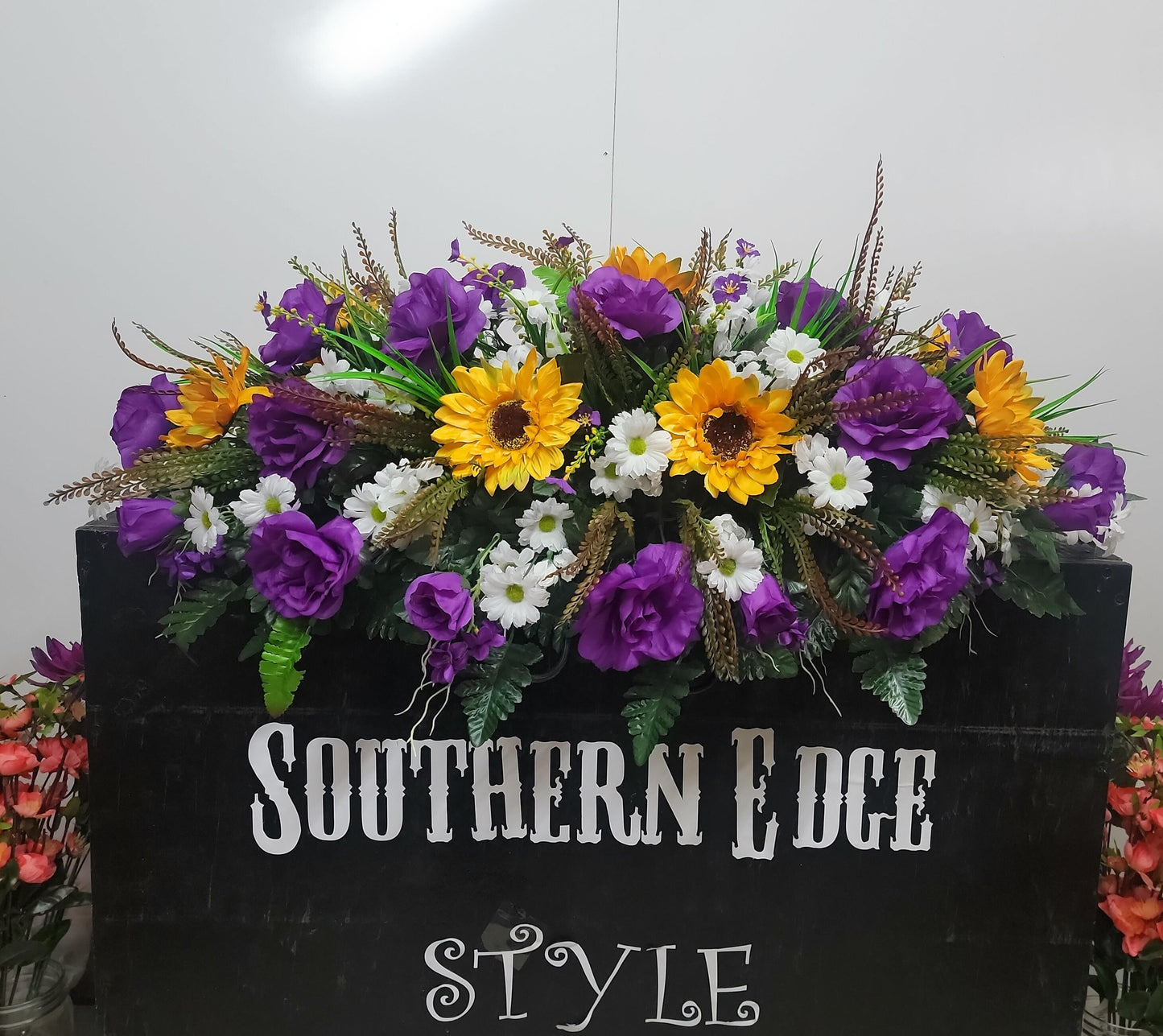 Large 36" Length Gravestone Saddle for Spring Cemetery Flowers Mother's Day Flowers Sunflowers Daisy Purple Memorial Flower Headstone Saddll