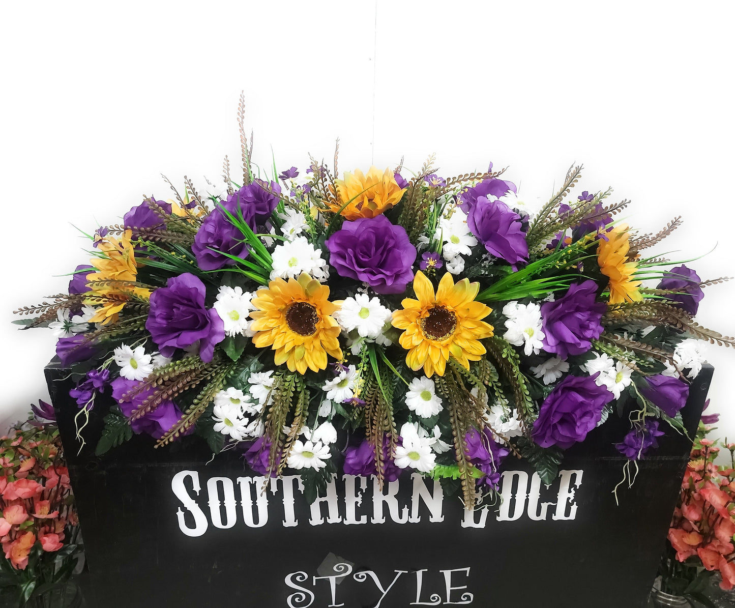 Large 36" Length Gravestone Saddle for Spring Cemetery Flowers Mother's Day Flowers Sunflowers Daisy Purple Memorial Flower Headstone Saddll