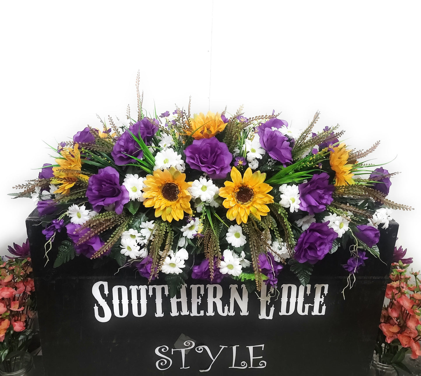 Large 36" Length Gravestone Saddle for Spring Cemetery Flowers Mother's Day Flowers Sunflowers Daisy Purple Memorial Flower Headstone Saddll