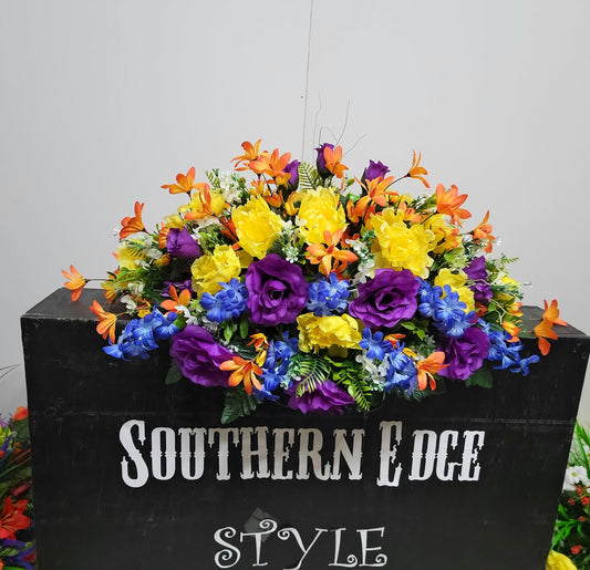 30" Sunburst Colors Spring Cemetery Flowers Saddle Grave Saddle Headstone Flowers Easter Memorial Flowers Blue orange purple