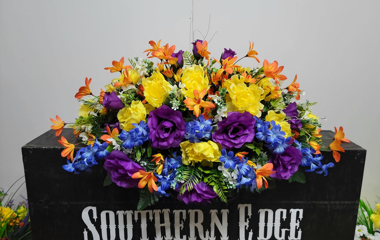 30" Sunburst Colors Spring Cemetery Flowers Saddle Grave Saddle Headstone Flowers Easter Memorial Flowers Blue orange purple