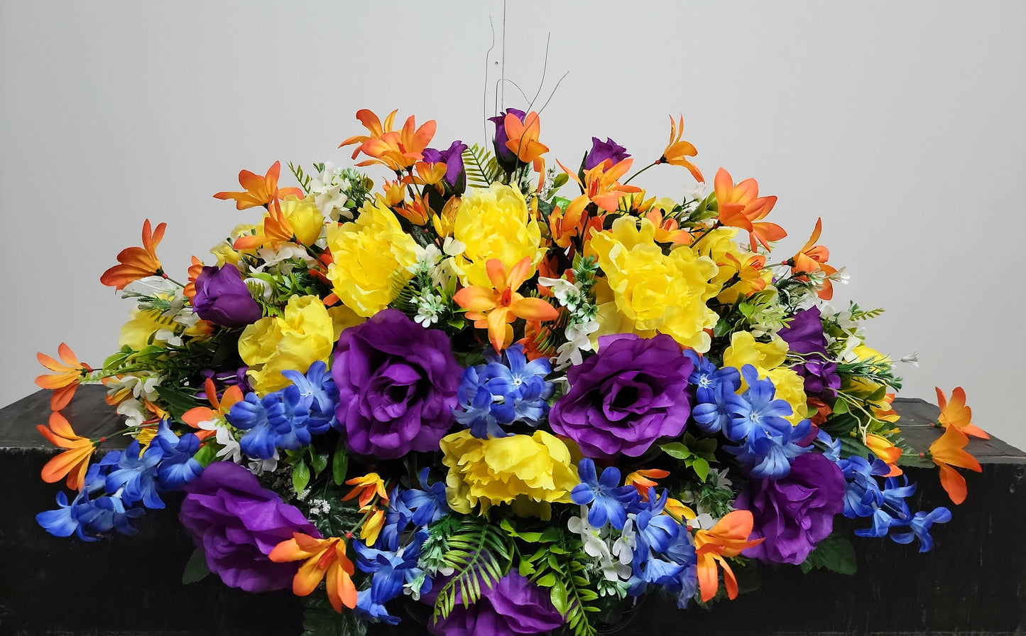 30" Sunburst Colors Spring Cemetery Flowers Saddle Grave Saddle Headstone Flowers Easter Memorial Flowers Blue orange purple