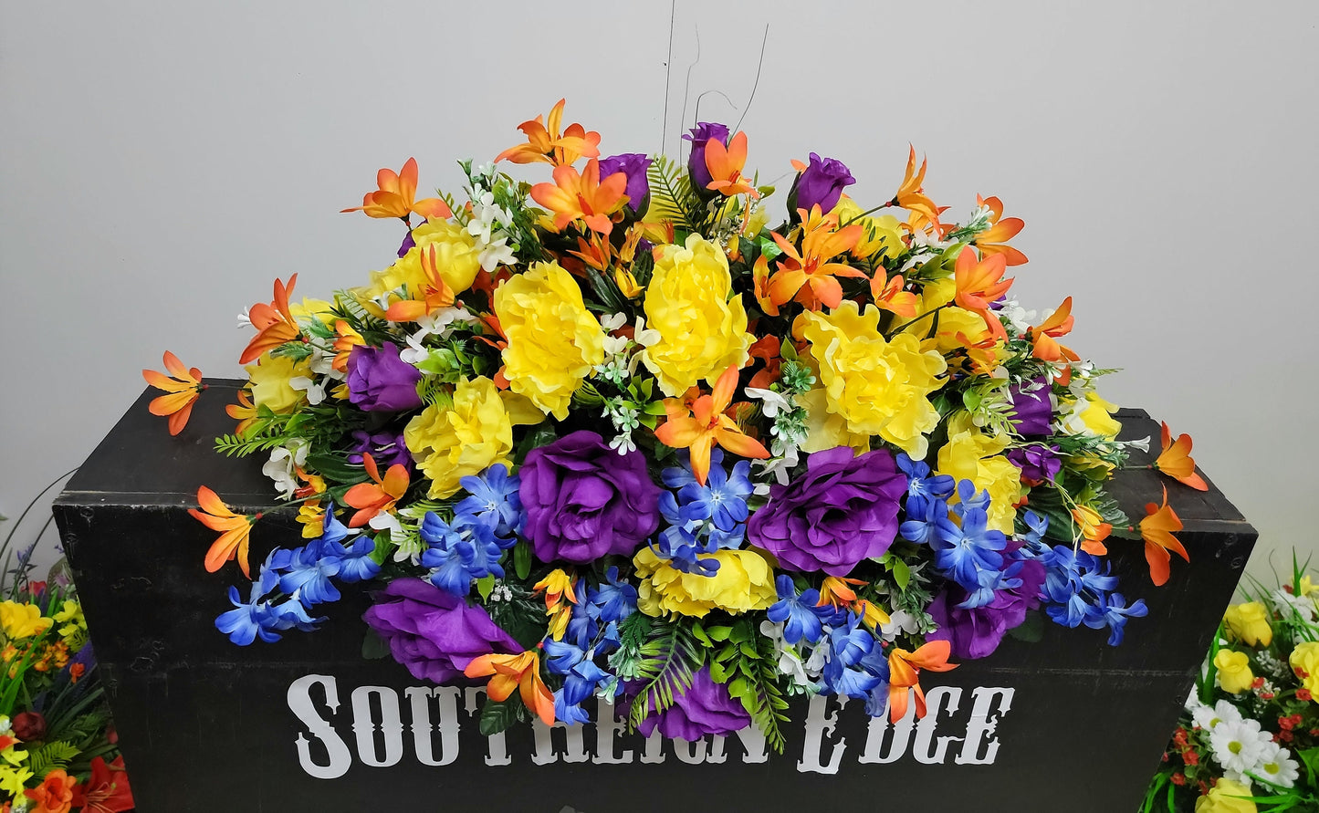30" Sunburst Colors Spring Cemetery Flowers Saddle Grave Saddle Headstone Flowers Easter Memorial Flowers Blue orange purple