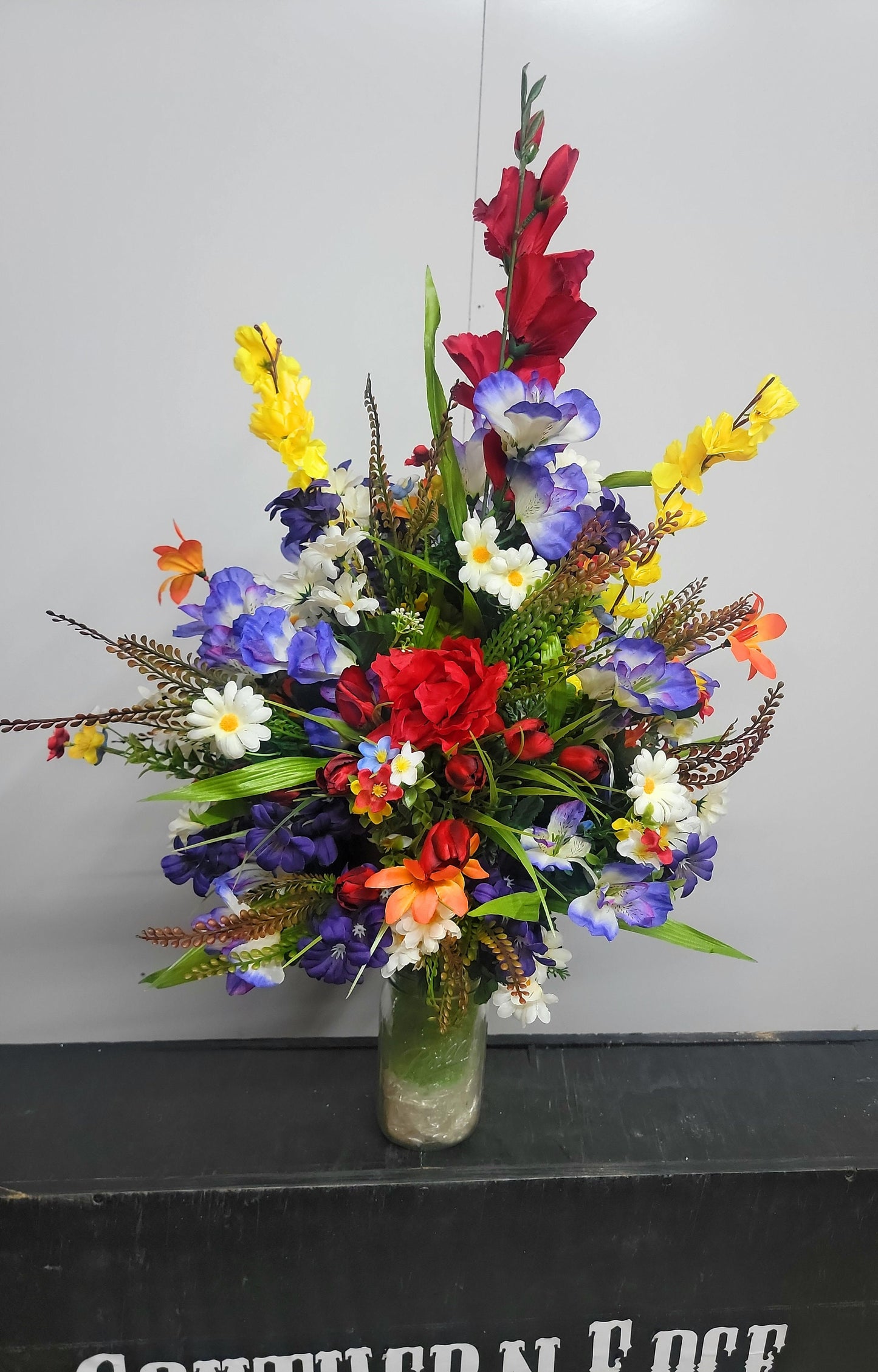 27"Large wildflower spring Cemetery Vase Flowers red mini tulips Cemetery vase flowers Memorial Vase Flowers Grave Vase Flowers