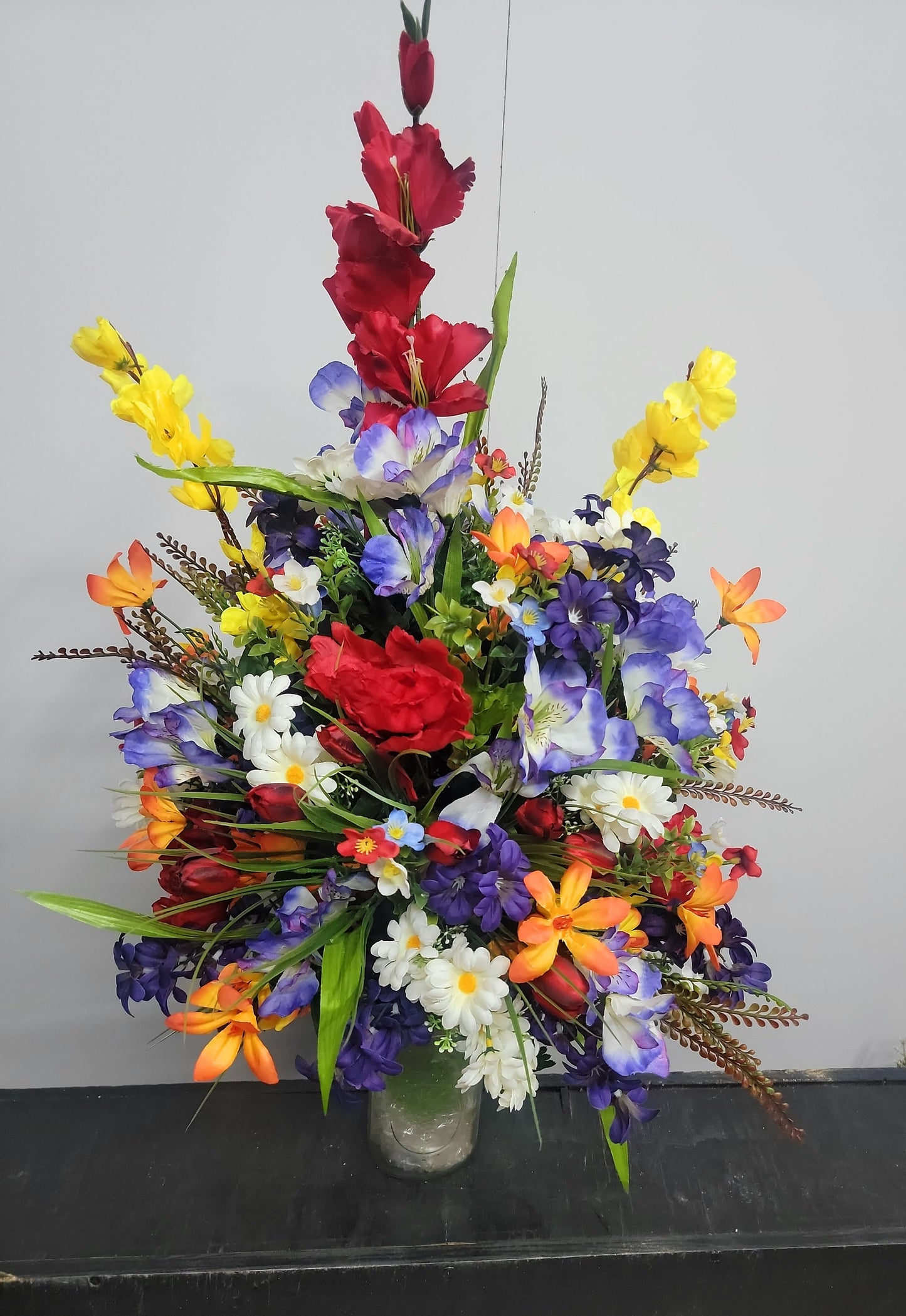 27"Large wildflower spring Cemetery Vase Flowers red mini tulips Cemetery vase flowers Memorial Vase Flowers Grave Vase Flowers