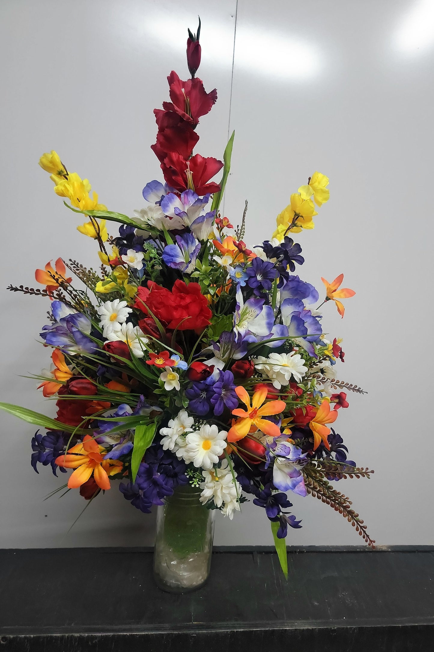 27"Large wildflower spring Cemetery Vase Flowers red mini tulips Cemetery vase flowers Memorial Vase Flowers Grave Vase Flowers